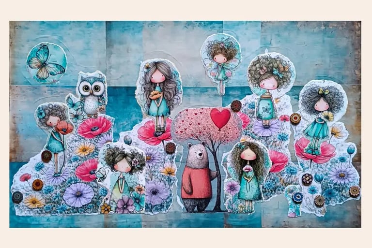 Regali nascita, quadro materico azzurro collage con fatine, orsetto, albero cuore e bottoni. - Guance Rosse
