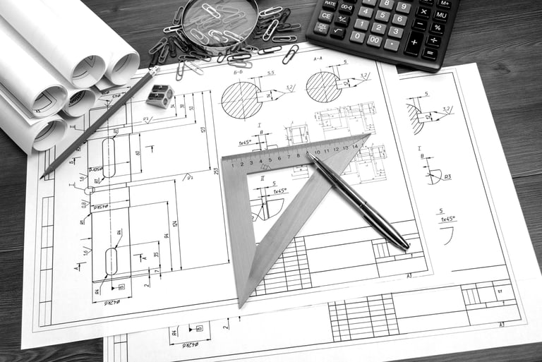 Patent search process illustrated with technical drawings and patent research documents