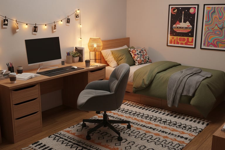 Cozy aesthetic bedroom with a wooden desk, computer setup, string lights, and a green bedspread.