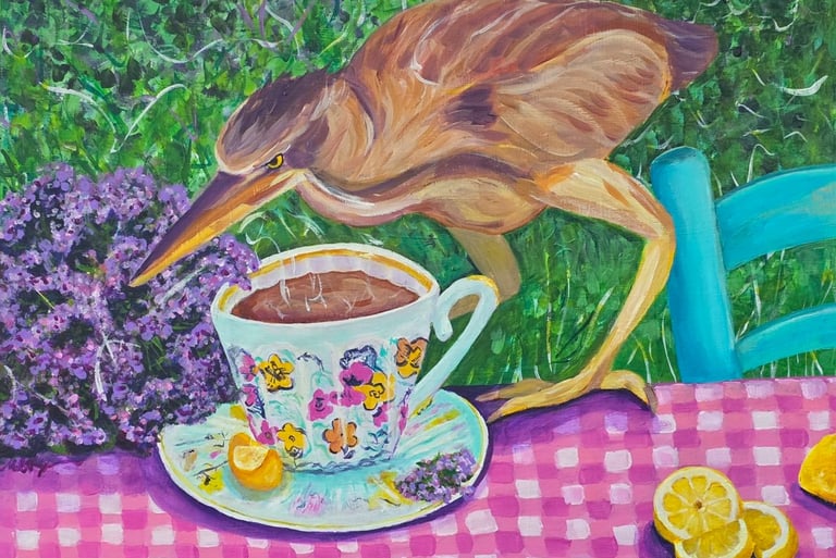 The Guest acrylic painting on wood panel