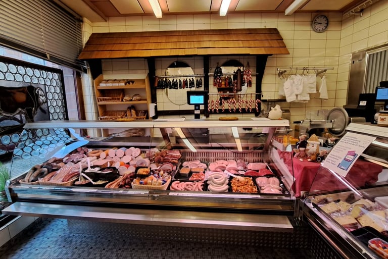 Metzgerei-Innenraum mit beleuchteten Auslagen, in denen verschiedene Fleischsorten und Wurstprodukte