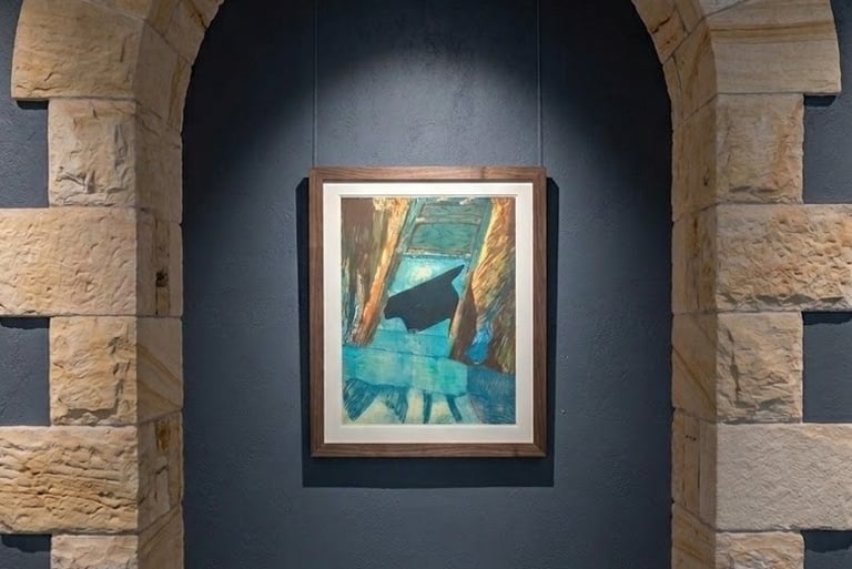 Titanic by Coby Hurtak. Abstract lithograph of a dark wreck amidst teal water and brown rust.