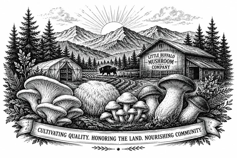 Vintage mushroom farm logo for Little Buffalo Mushroom Company with mountains and forest.