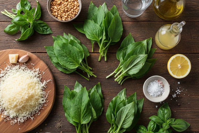 Fresh pesto ingredients including basil leaves, pine nuts, parmesan cheese, and olive oil on a wooden table.
