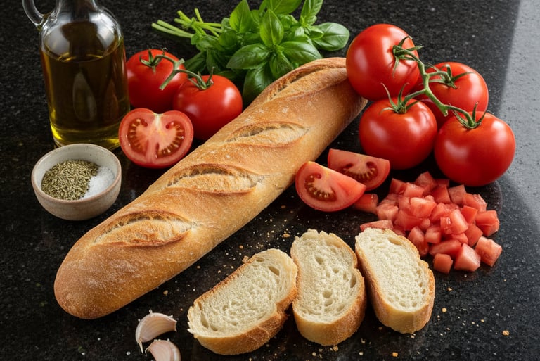 Fresh ingredients for tomato bruschetta with a French baguette, olive oil, basil, and garlic.