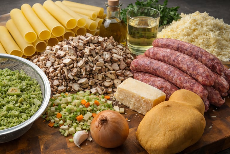 Fresh ingredients for stuffed cannelloni with Italian sausage, mushrooms, cheese, and pasta tubes on a wooden board.