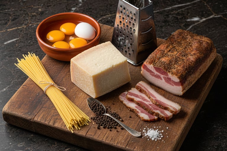 Fresh ingredients for authentic spaghetti carbonara with guanciale, pecorino cheese, eggs, and pasta.