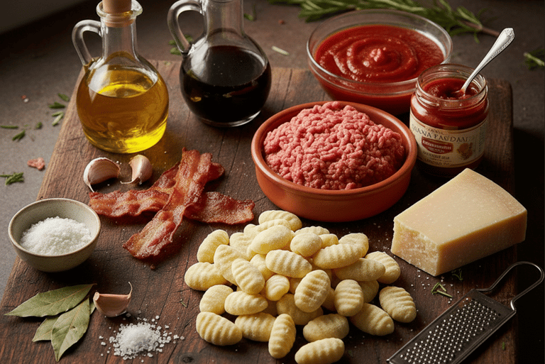 Fresh potato gnocchi ingredients with ground beef, tomato sauce, parmesan cheese, and olive oil.