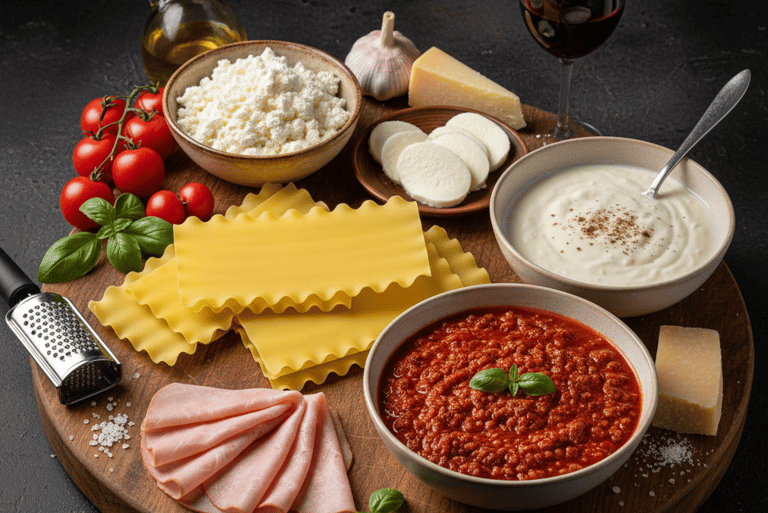 Ingredients for homemade lasagna including pasta sheets, bolognese sauce, ricotta, and mozzarella on a wooden board.