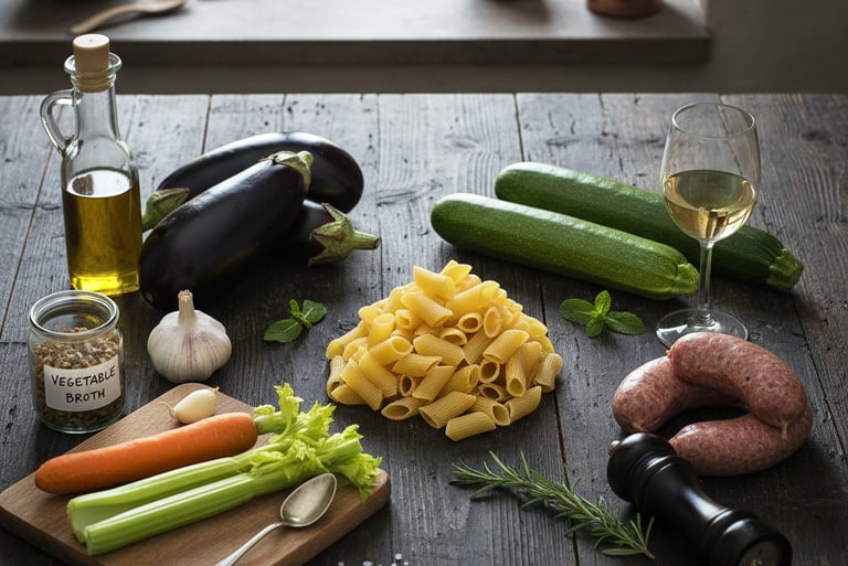 Fresh pasta ingredients with penne, eggplant, zucchini, sausage, and olive oil on a wooden table.