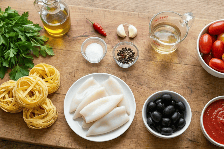 Fresh ingredients for seafood pasta including raw squid, tagliatelle nests, tomatoes, and herbs on a wooden board.