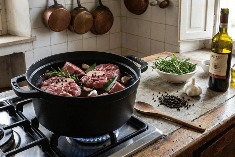 Braised beef osso buco cooking in a Staub cast iron Dutch oven with Chianti wine and fresh herbs.
