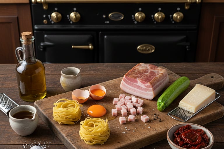 Fresh pasta carbonara ingredients including pancetta, egg yolks, and tagliatelle on a wooden board.