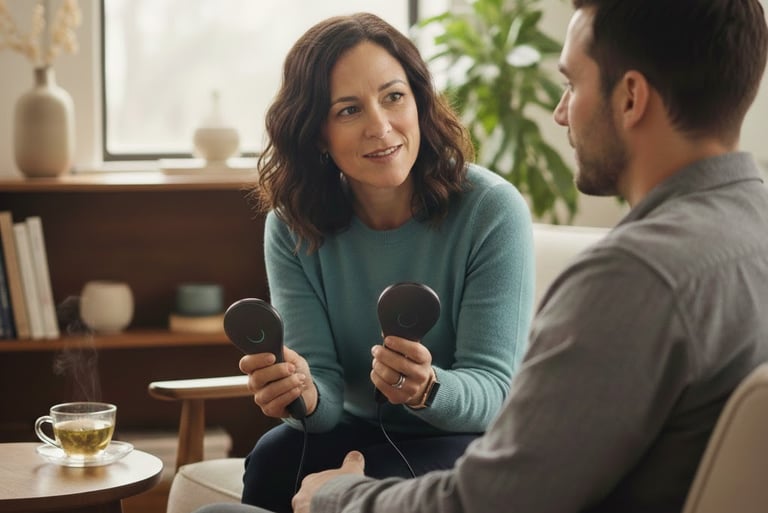 An inviting therapeutic space where a therapist and client engage EMDR to heal trauma.