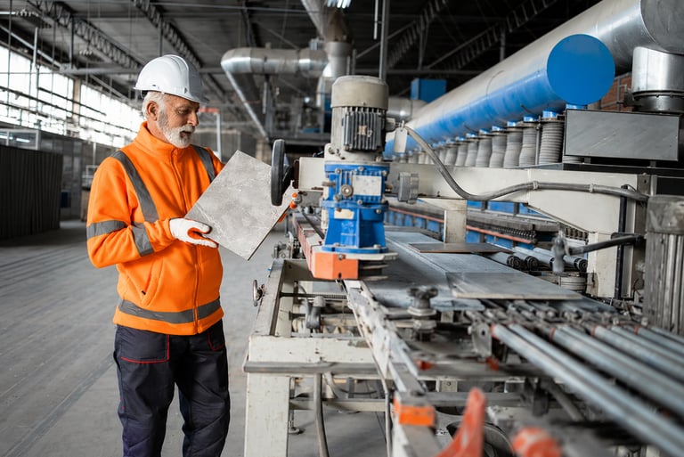 A worker in a safety vest inspects a ceramic tile on an automated factory production line.
