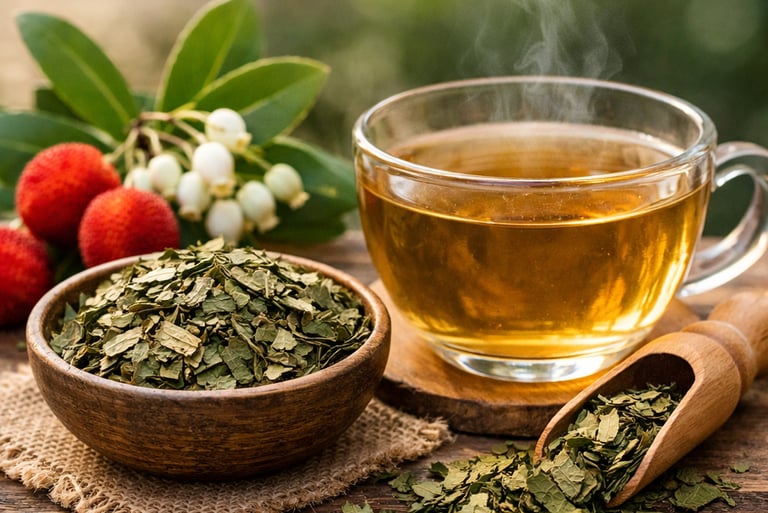 strawberry tree tea, Arbutus Unedo fruits and flowers on wooden table