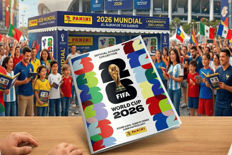 Official Panini FIFA World Cup 2026 sticker album displayed at a fan event with international soccer supporters.