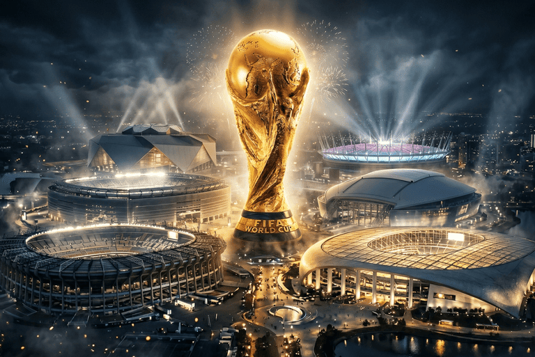 Golden FIFA World Cup trophy glowing amidst several illuminated soccer stadiums at night with fireworks.