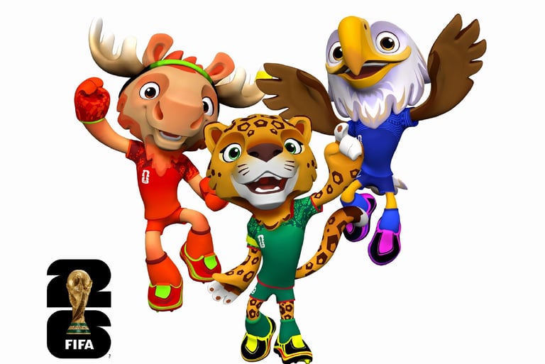 FIFA World Cup 26 official mascots featuring a moose, jaguar, and eagle representing North America.