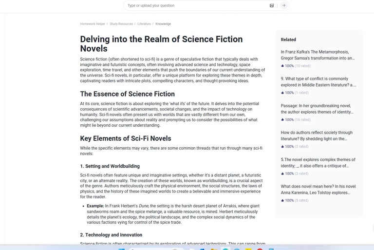 Gauth AI literature study page showing science fiction novel learning content and related educationa