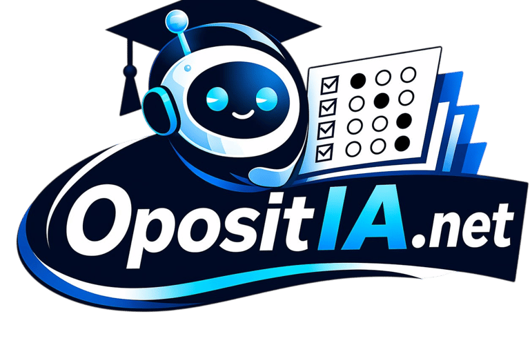 OpositIA.net logo featuring a blue AI robot wearing a graduation cap next to a test answer sheet.