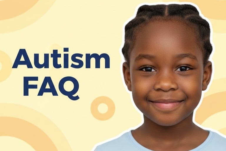 Thumbnail of a black five year old girl. Text says Autism FAQ