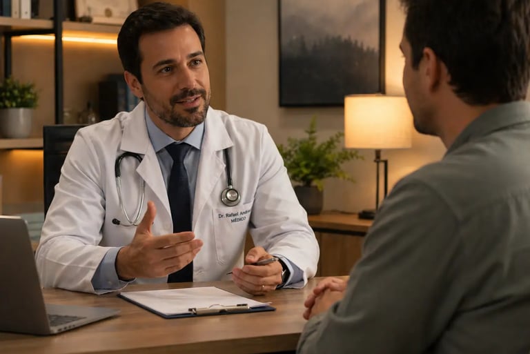 A male doctor in a white lab coat talking to a patient during a medical consultation in a clinic office.