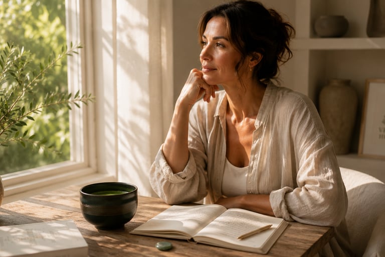 Woman holding an intention stone while reflecting during a calm and mindful morning ritual.