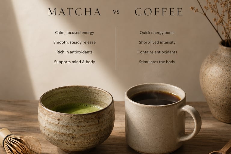 comparison between a bowl of matcha and a cup  of coffee soft light