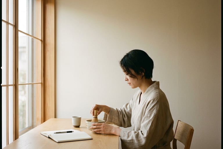 Minimalist morning workspace with matcha bowl representing focus and productivity.