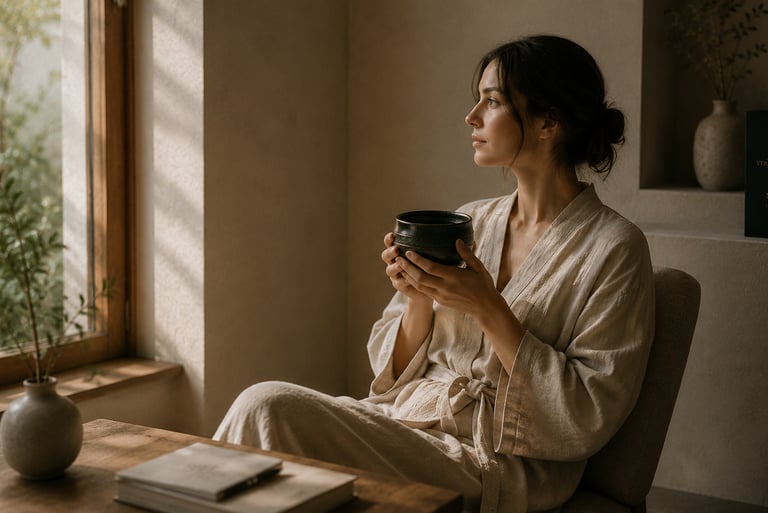 Minimalist morning matcha ritual representing calm energy and intentional wellness for women.