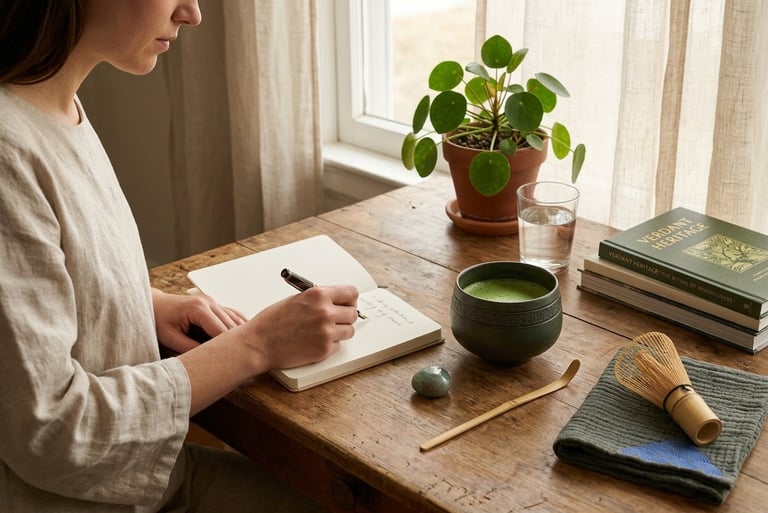 Woman journaling beside a bowl of matcha and an intention stone during a mindful morning ritual.