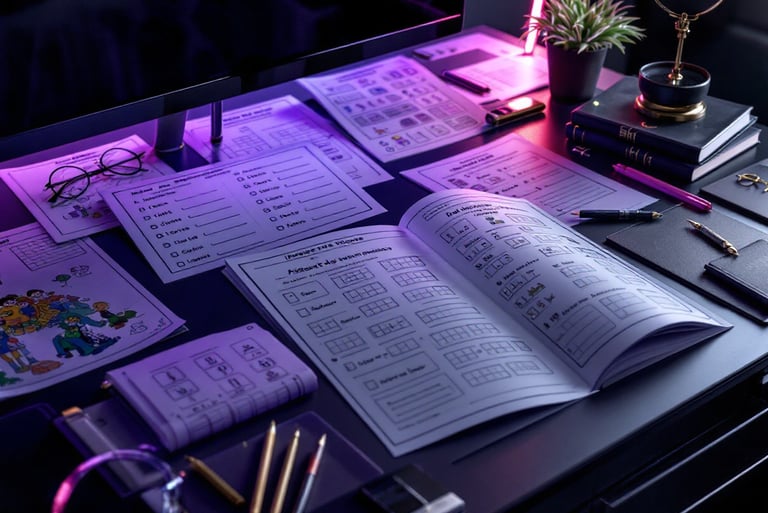 a desk with a laptop and a notebook with a pen and pencil