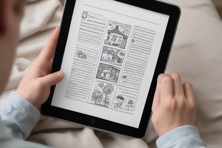 a person holding a tablet computer and looking at a book