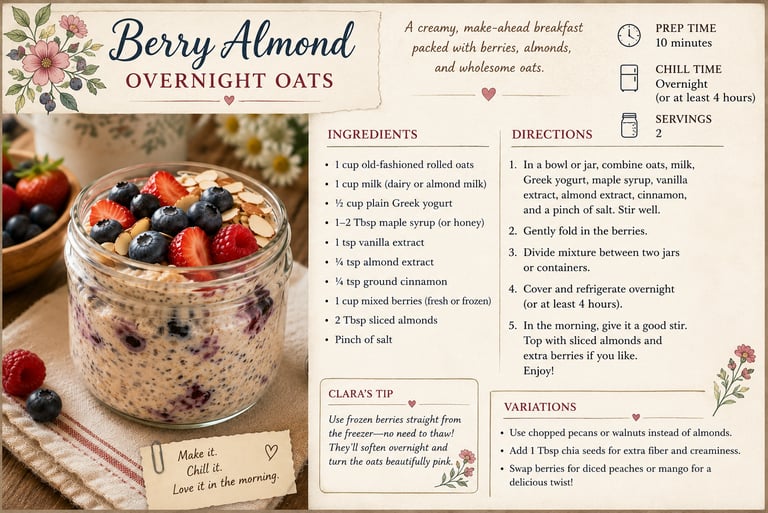 A detailed recipe card for Berry Almond Overnight Oats featuring a glass jar filled with oatmeal, fresh blueberries