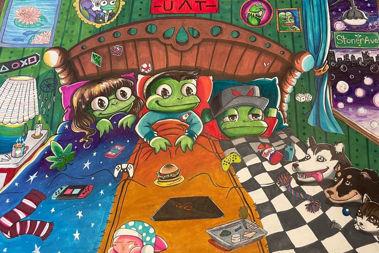 commission custom art piece of college friends in bed together hanging out