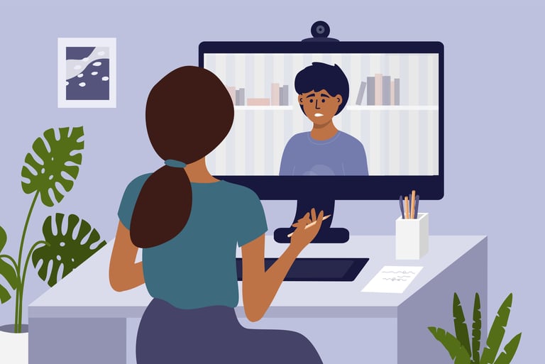 Online terapi yapan psikolog ve bilgisayardan bağlanan danışanı