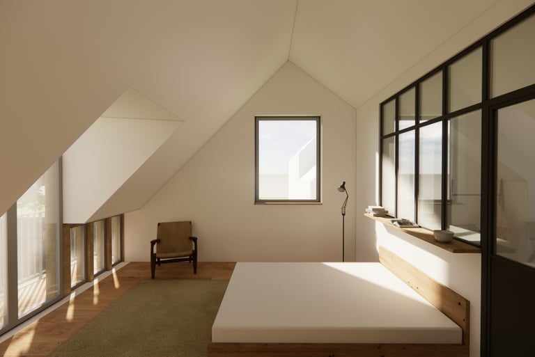 Surélévation ossature bois vue intérieure, architecte Vannes