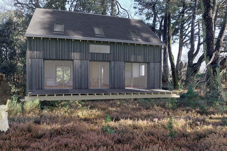 Maison ossature et bardage bois dans les arbres. Architecte Vannes