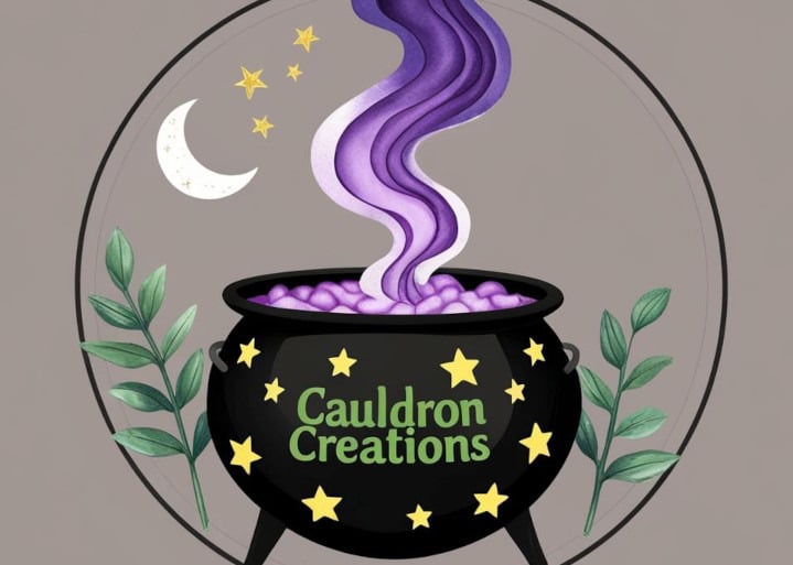 Black cauldron with gold stars says "Cauldron Creations" in green letters.