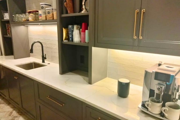 A modern kitchen with white granite countertops cleaned and sealed in Spartanburg SC