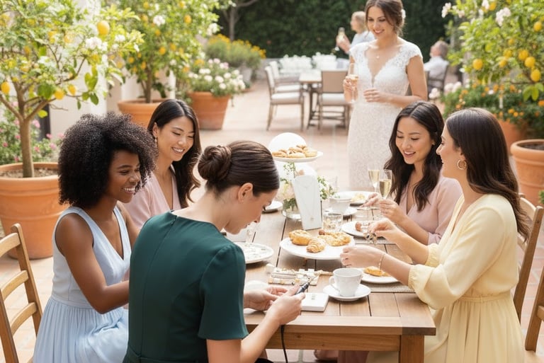 a group of women sitting at a table with drinks and permanent jewelry