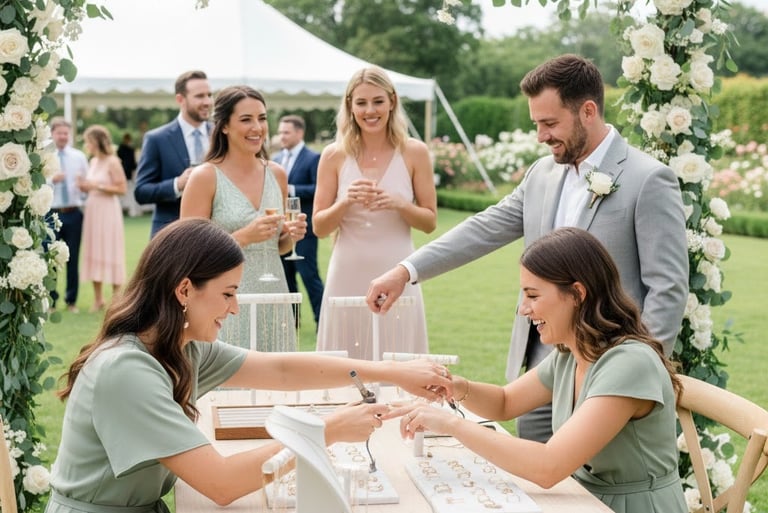a bride and groomsmans getting permanent jewelry applied