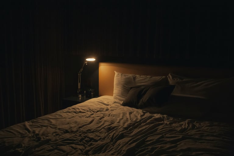 Darkened bedroom with warm lamp lighting promoting natural sleep environment 
