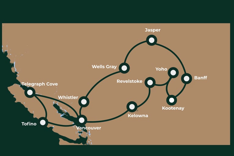 Illustratieve kaart van een reisroute door West-Canada