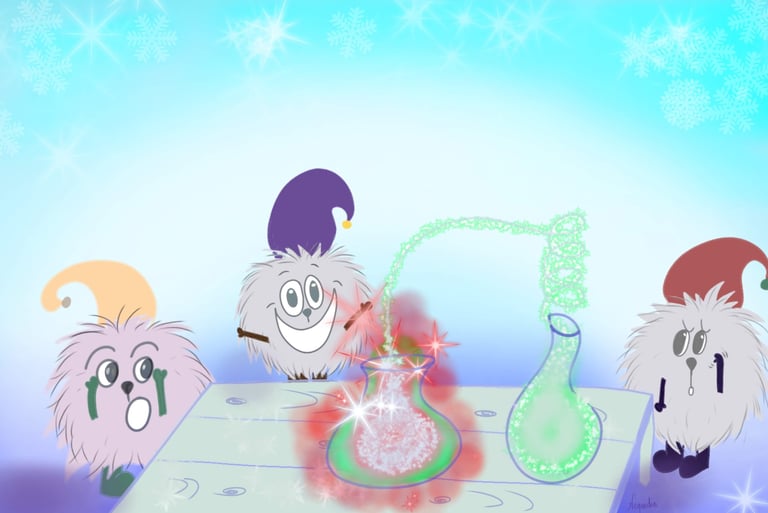 illustration de groumpfs autour d’un laboratoire avec fioles colorées, scène de conte jeunesse