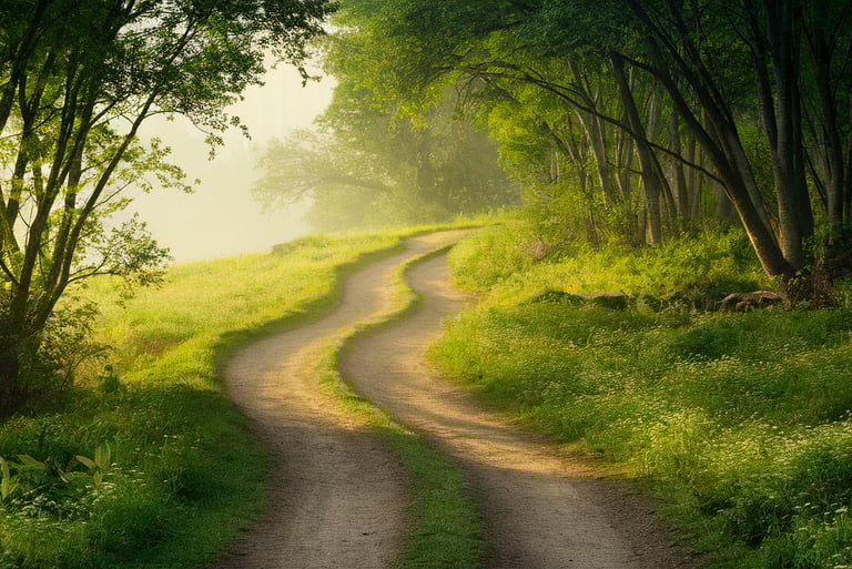 A winding pathway through a serene forest, bathed in soft morning light, representing the journey