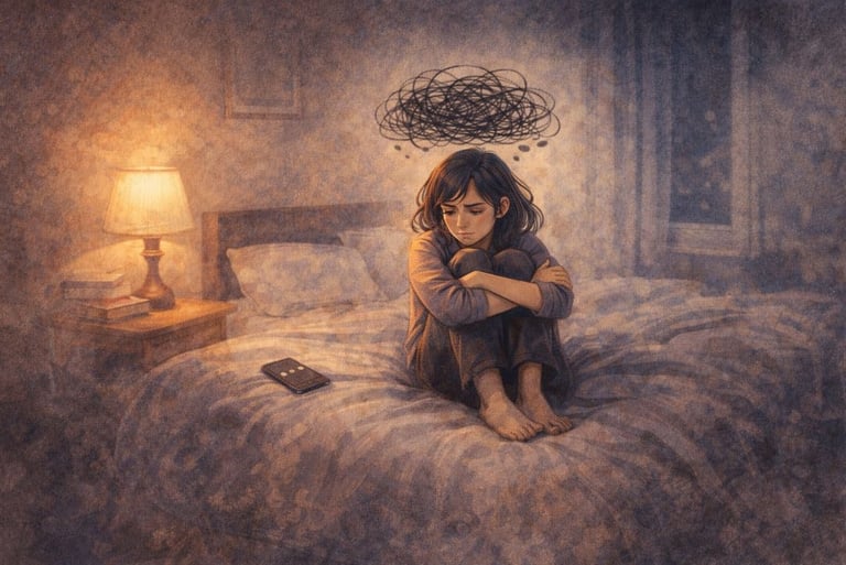 Woman sitting on a bed with anxious thoughts while waiting for a text.