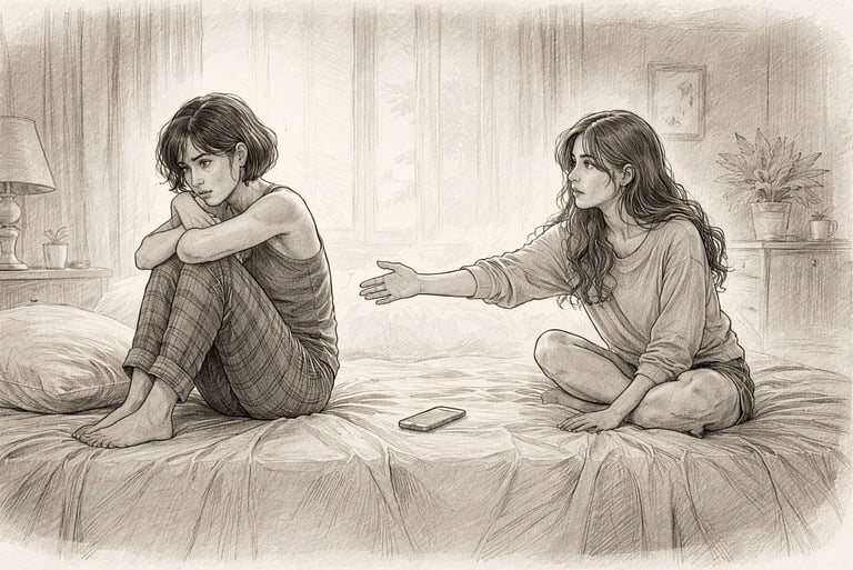 Pencil sketch of two women sitting apart, showing anxious and avoidant attachment.
