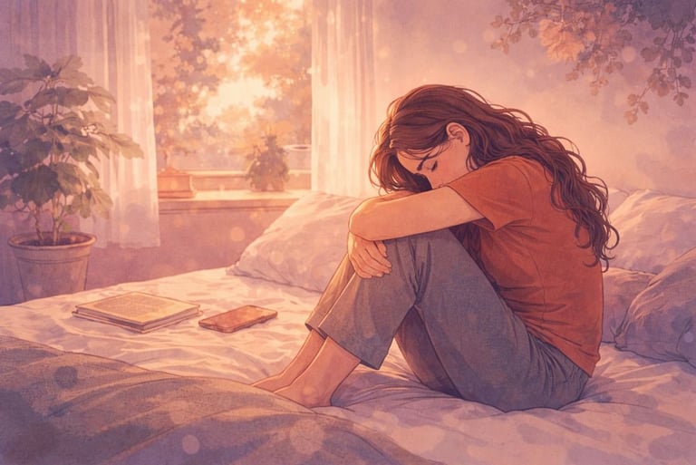 An illustration of a young woman sitting on her bed, hugging her knees in a sunlit room.